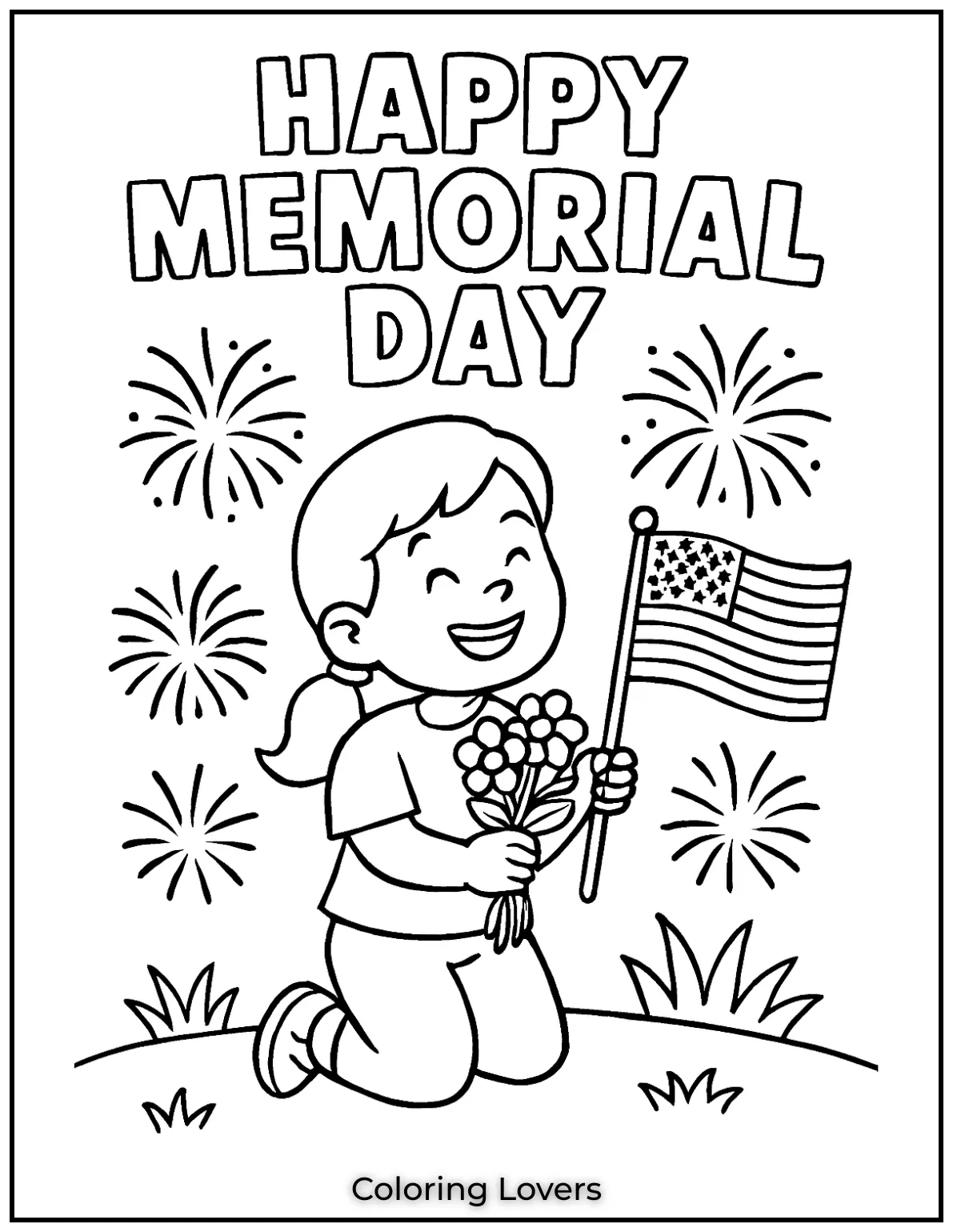 Fireworks sparkle as a kid waves her flag with joy. One of our happiest Memorial Day coloring pages says Happy Memorial Day
