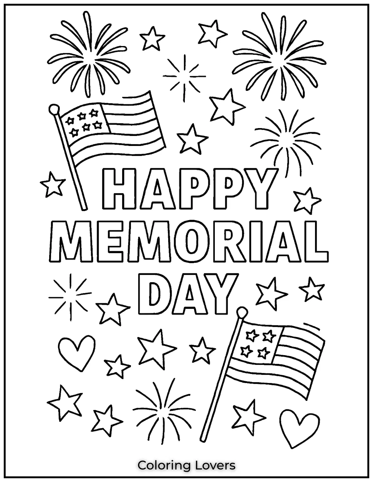 Flags and fireworks shine around Happy Memorial Day. A festive tribute full of sparkle and pride