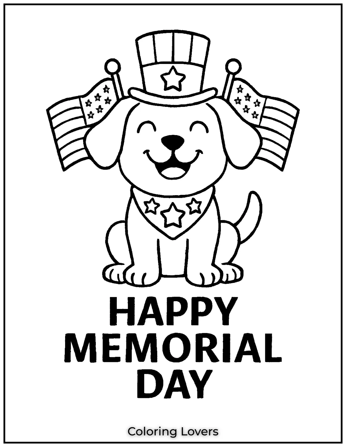 Flags surround this happy puppy in patriotic gear. Beneath him it says HAPPY MEMORIAL DAY
