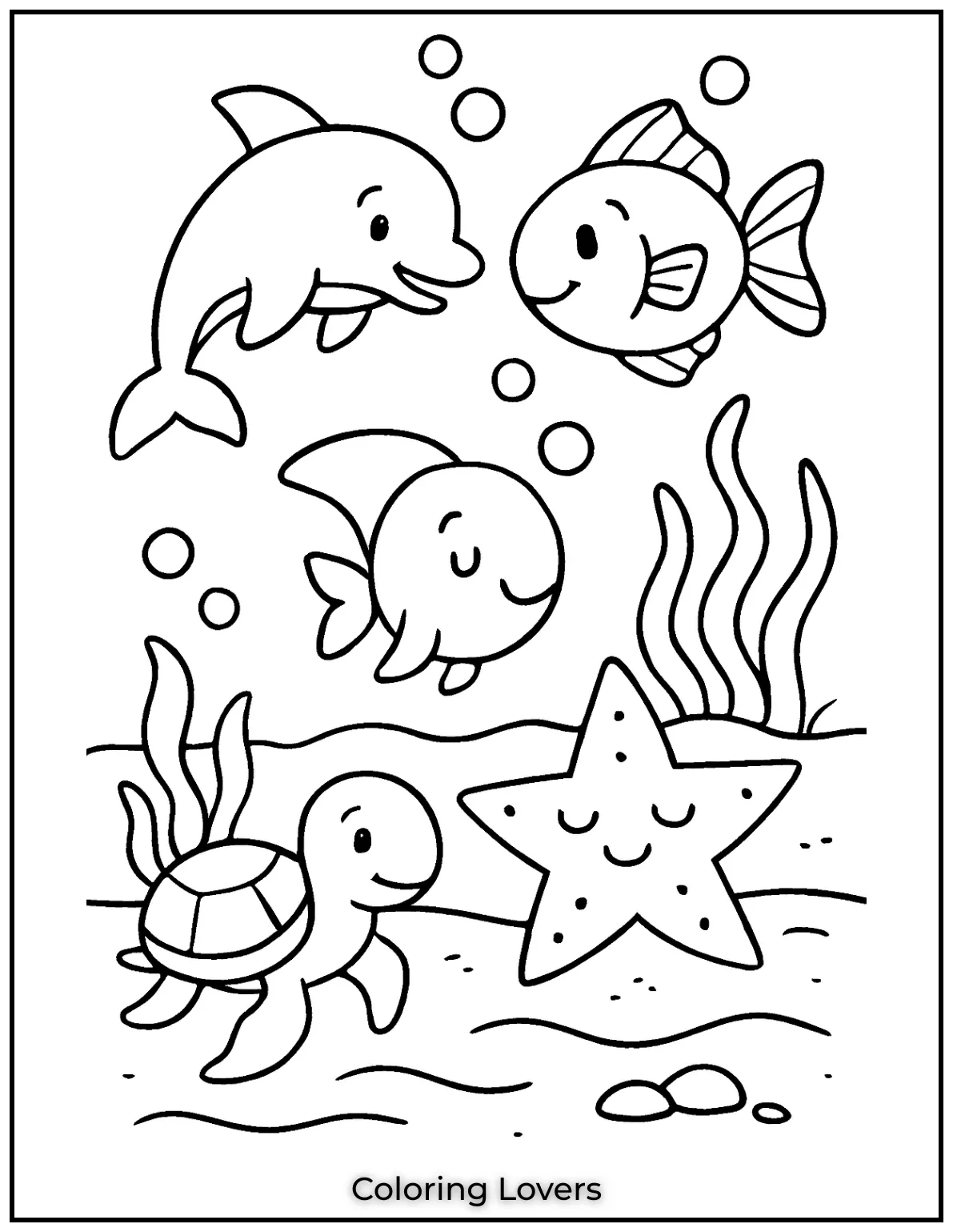 Summer Coloring Pages for Kids and Adults 22 Friendly ocean animals swimming in a bubbly underwater world