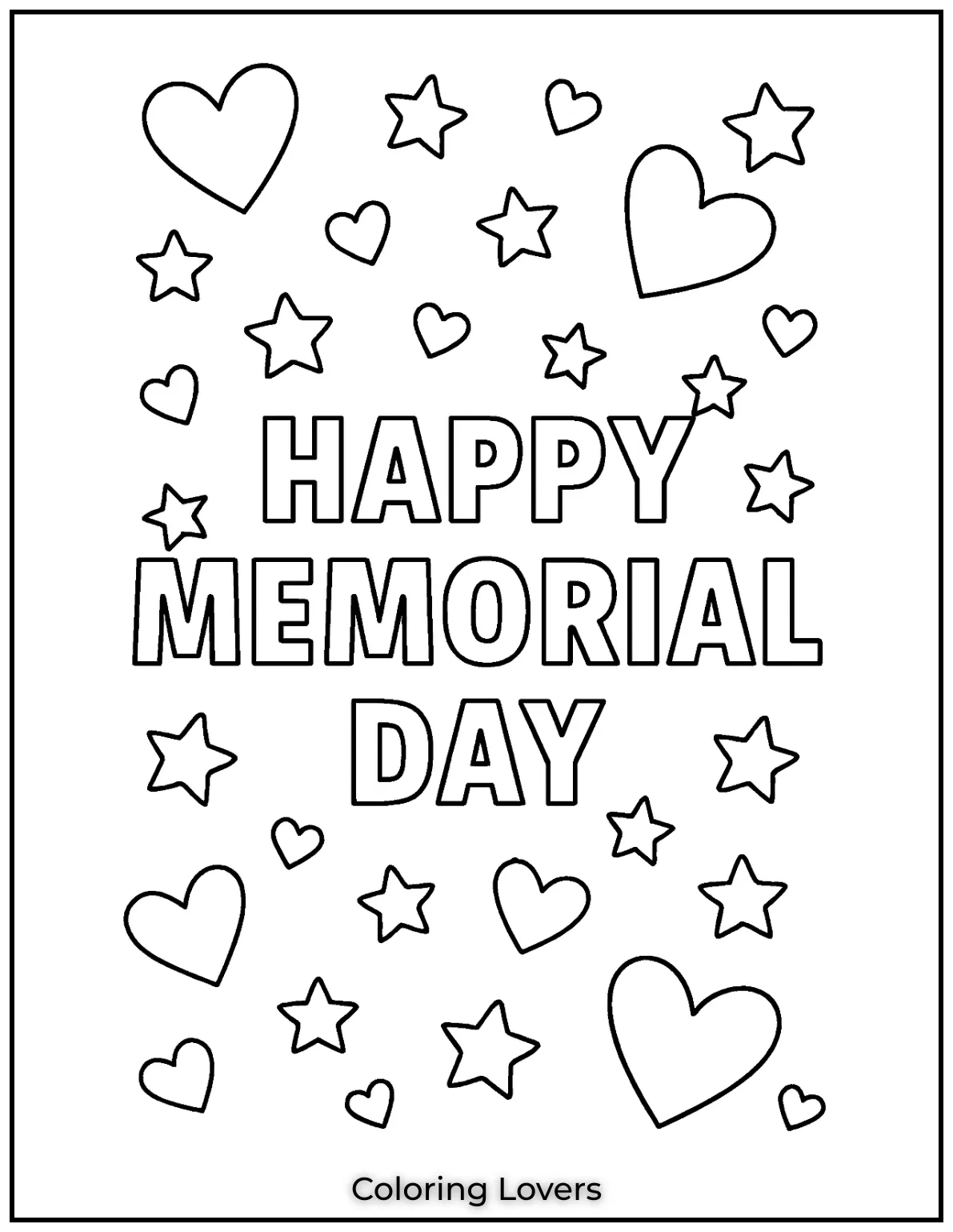 Hearts and stars float around the message Happy Memorial Day. Simple and sweet for young hands