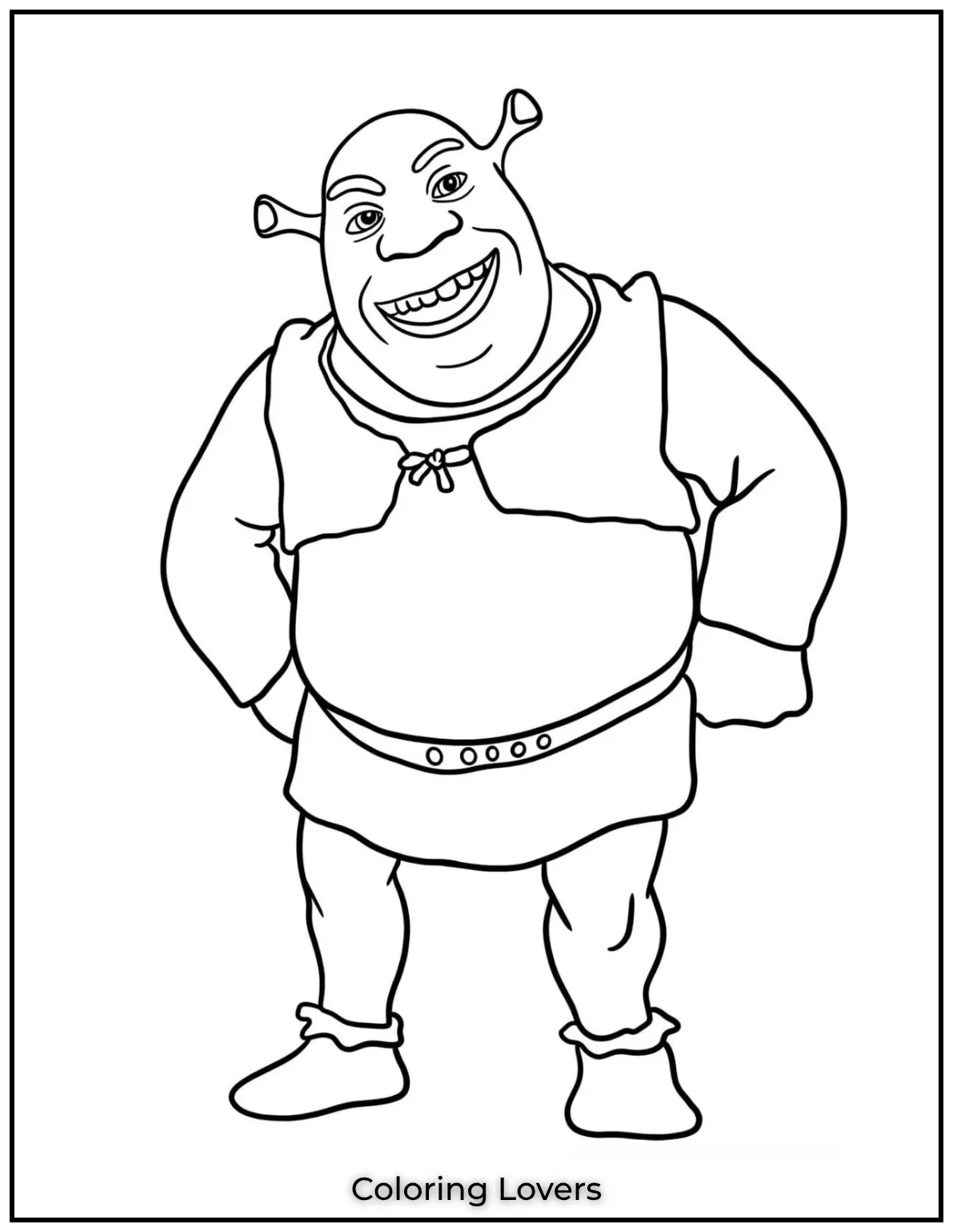 Heres Shrek the lovable ogre with his cheerful grin standing proudly in his peaceful swamp meadow