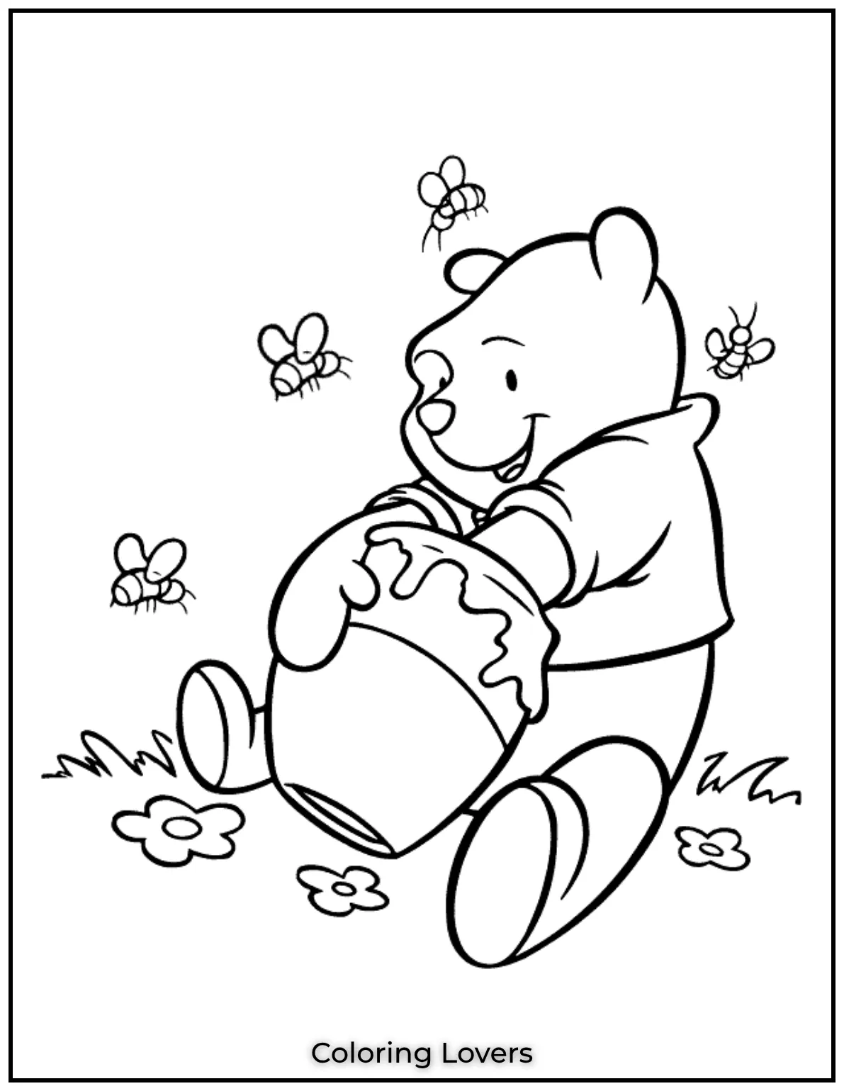 Heres Winnie the Pooh holding his favorite honey pot surrounded by a buzzing bee and peaceful tree