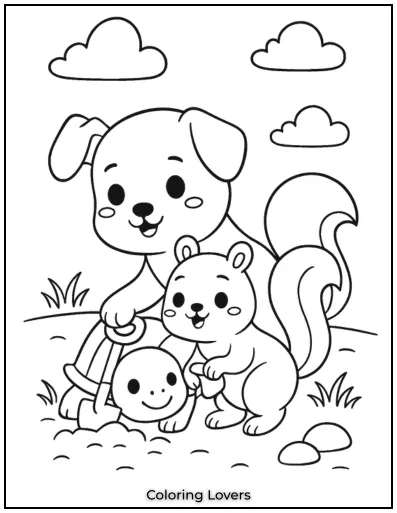 Squirrel Coloring Pages Kids Will Love to Color! 33 Here’s a curious dog helping his little squirrel friend dig for treasure