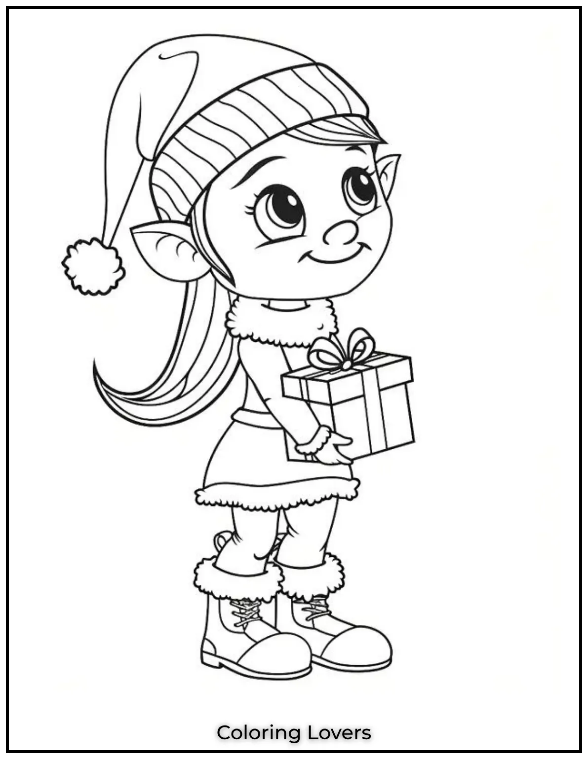 Heres a happy little elf holding a special present. The snowflakes and candy canes add a magical touch
