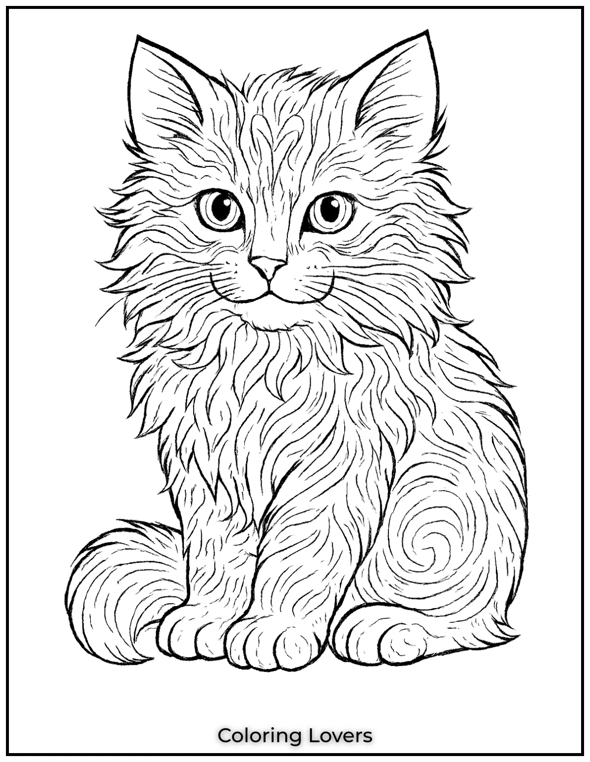 In this coloring page weve created for adults a fluffy kitten with detailed fur patterns is sitting