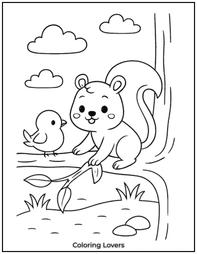 Squirrel Coloring Pages Kids Will Love to Color! 35 In this peaceful scene a squirrel and bird share a quiet moment on a tree branch. This is a perfect squirrel coloring page for kids who love nature