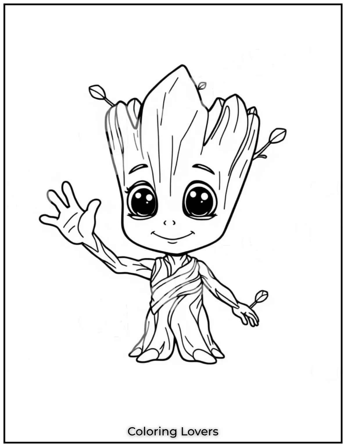 Its Baby Groot waving hello. With his big eyes and leafy twigs hes ready to charm his way into your coloring fun