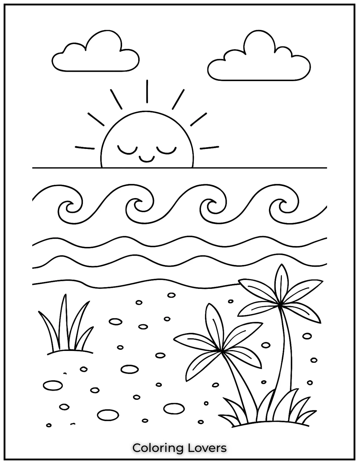 Summer Coloring Pages for Kids and Adults 23 Joyful seaside morning with warm sunshine and gentle waves