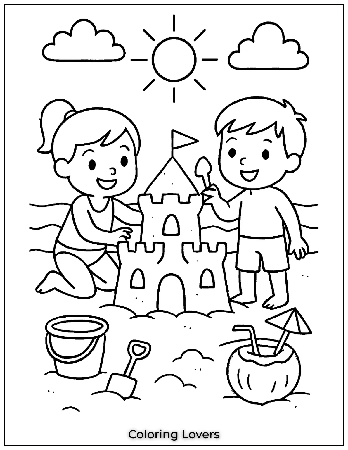 Summer Coloring Pages for Kids and Adults 17 Kids enjoying the beach and building a giant sand castle