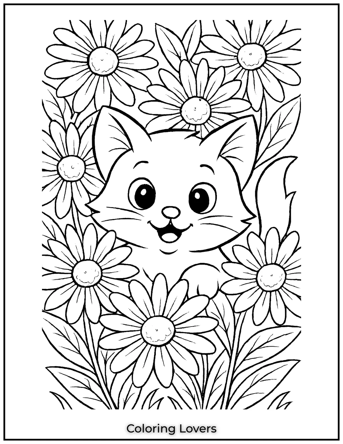 Kitten hiding among daisies coloring sheet