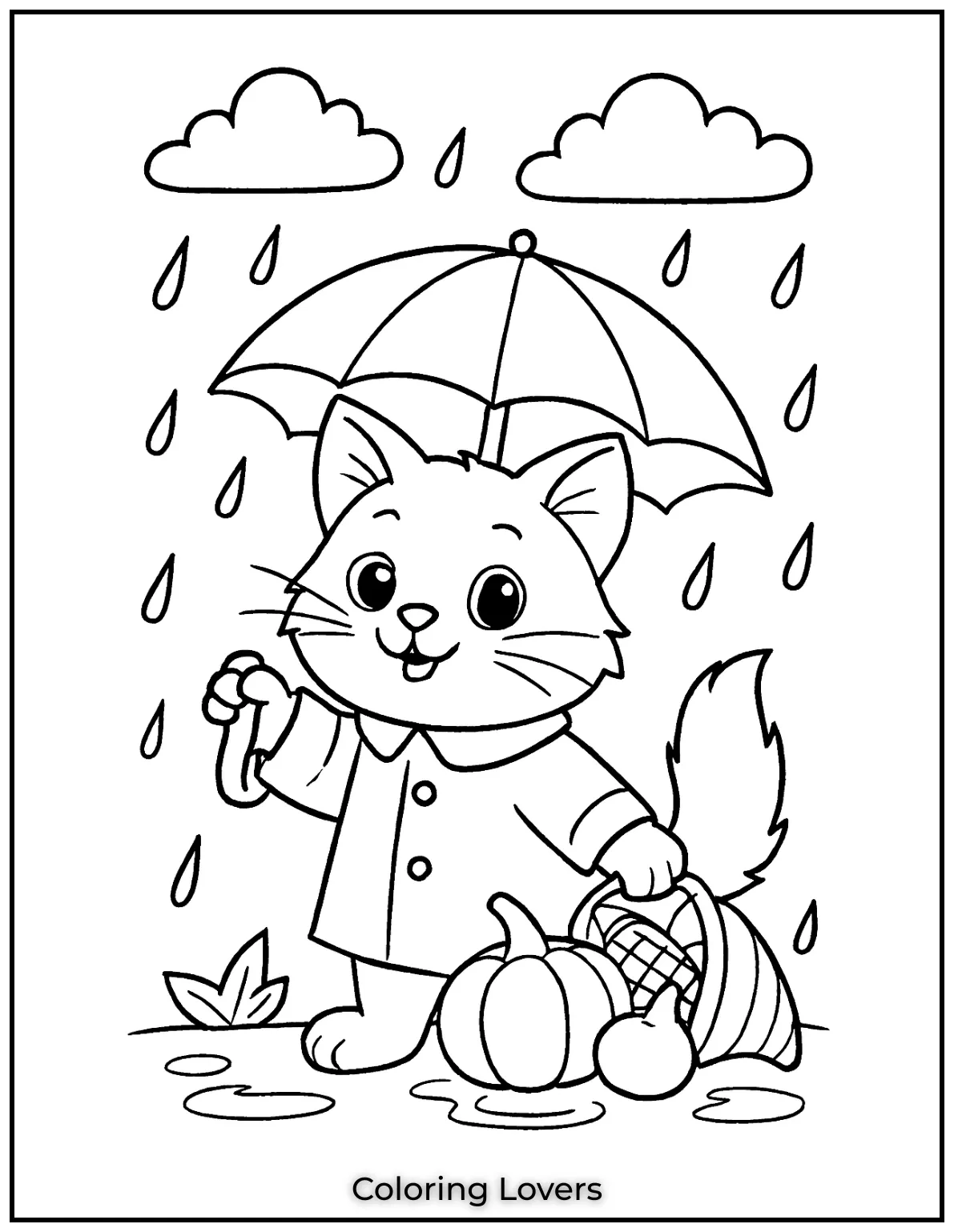 Kitten holding an umbrella in the rain coloring page