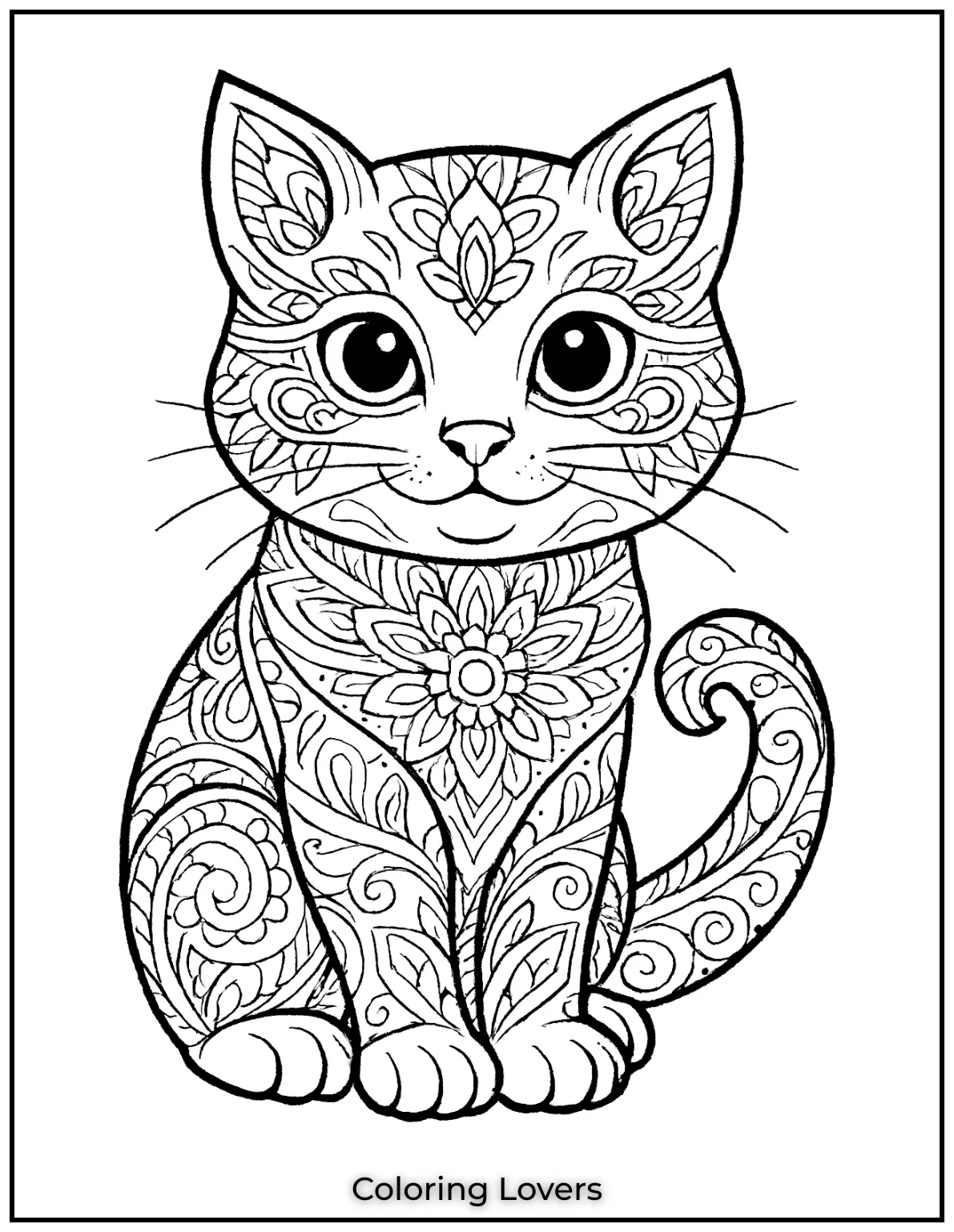 Kitten illustration with intricate mandala patterns for coloring
