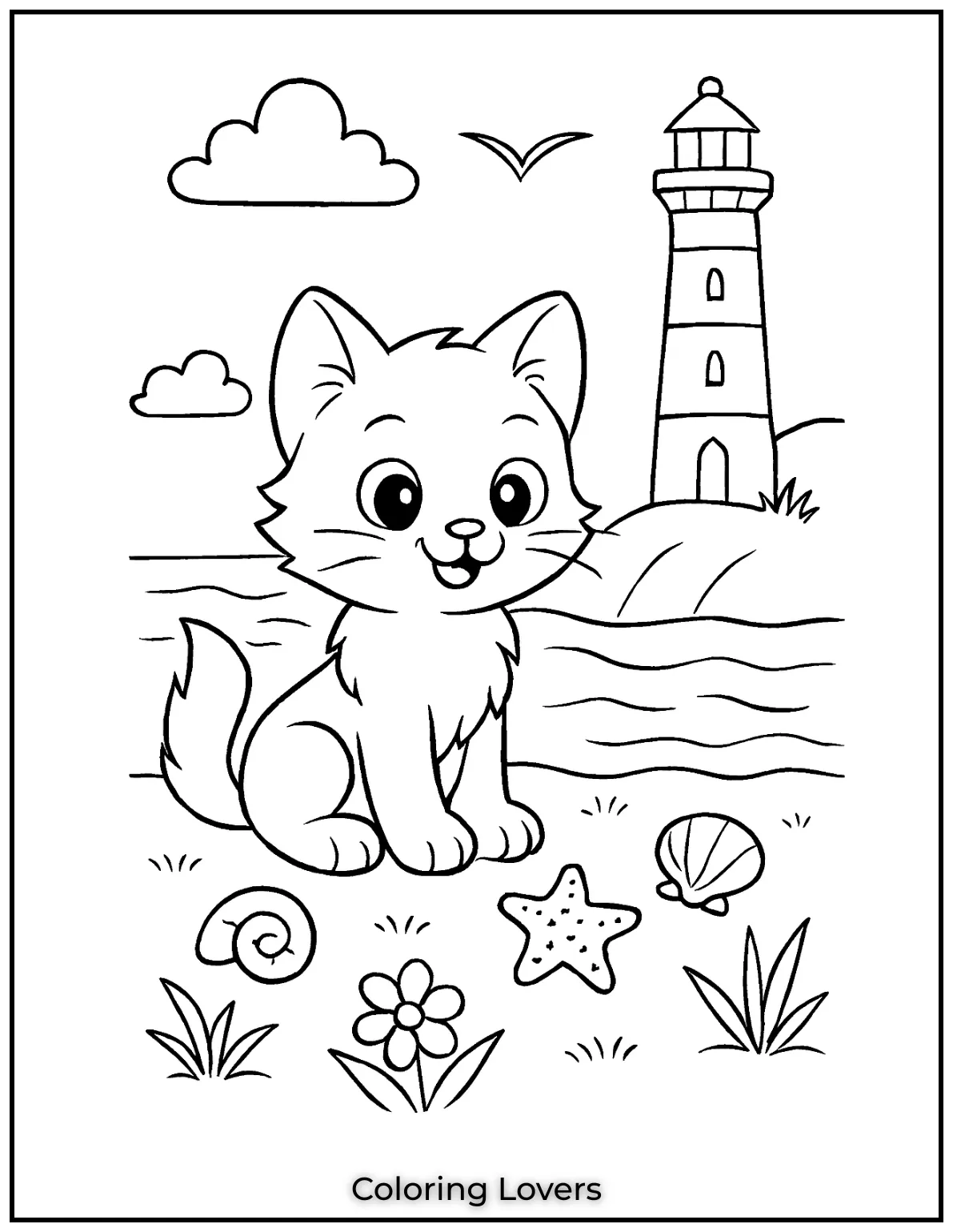 Kitten on a beach with a lighthouse in the background