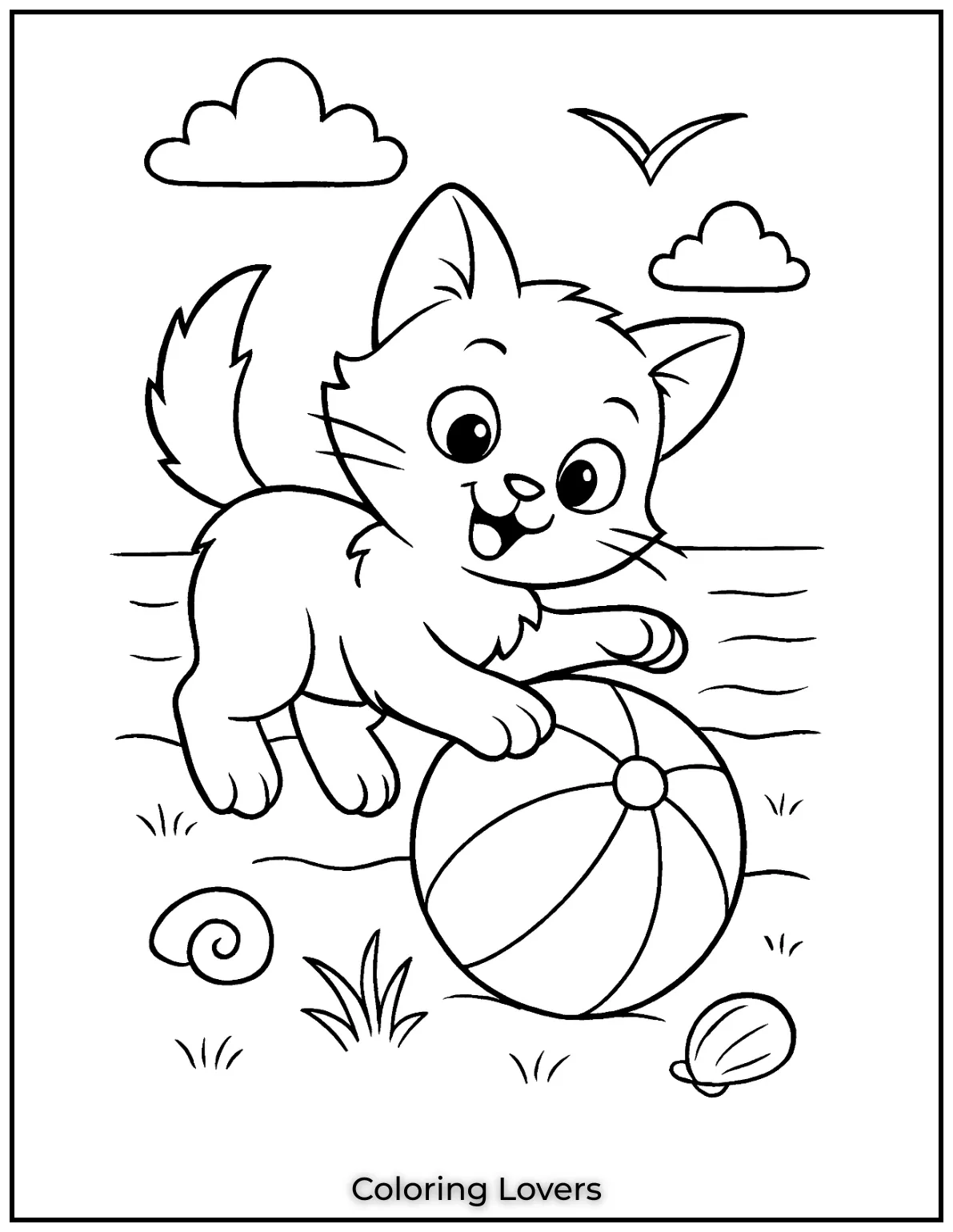 Kitten playing with a beach ball coloring page