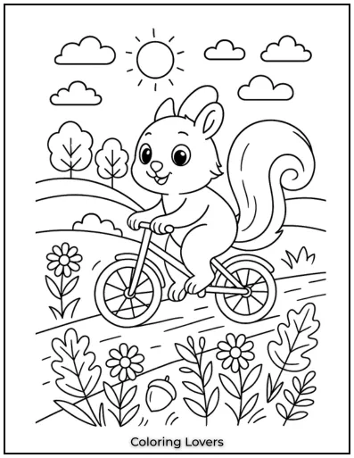 Squirrel Coloring Pages Kids Will Love to Color! 4 Look at this adventurous squirrel pedaling away on a bike! I love the sense of movement here