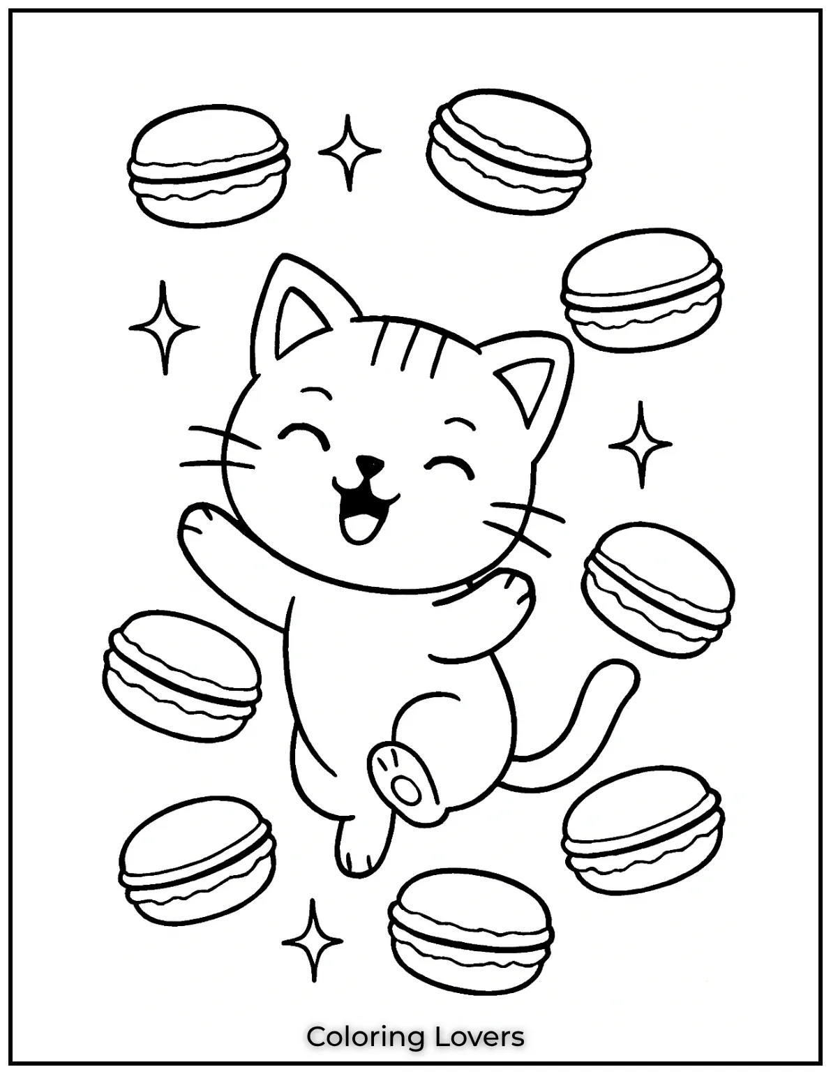 Fun and Free Cat Coloring Pages for Kids and Adults 25 Macarons everywhere This kittens joy is as sweet as the treats its catching