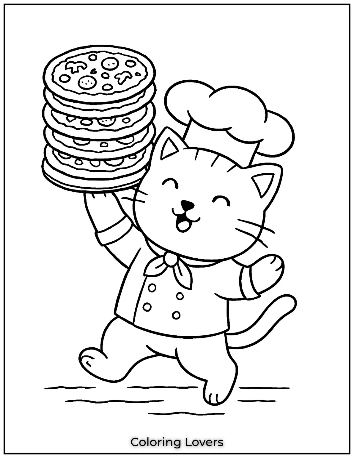 Fun and Free Cat Coloring Pages for Kids and Adults 26 Master chef kitty at work balancing a pizza tower. Let your childs imagination add flavor to this fun page