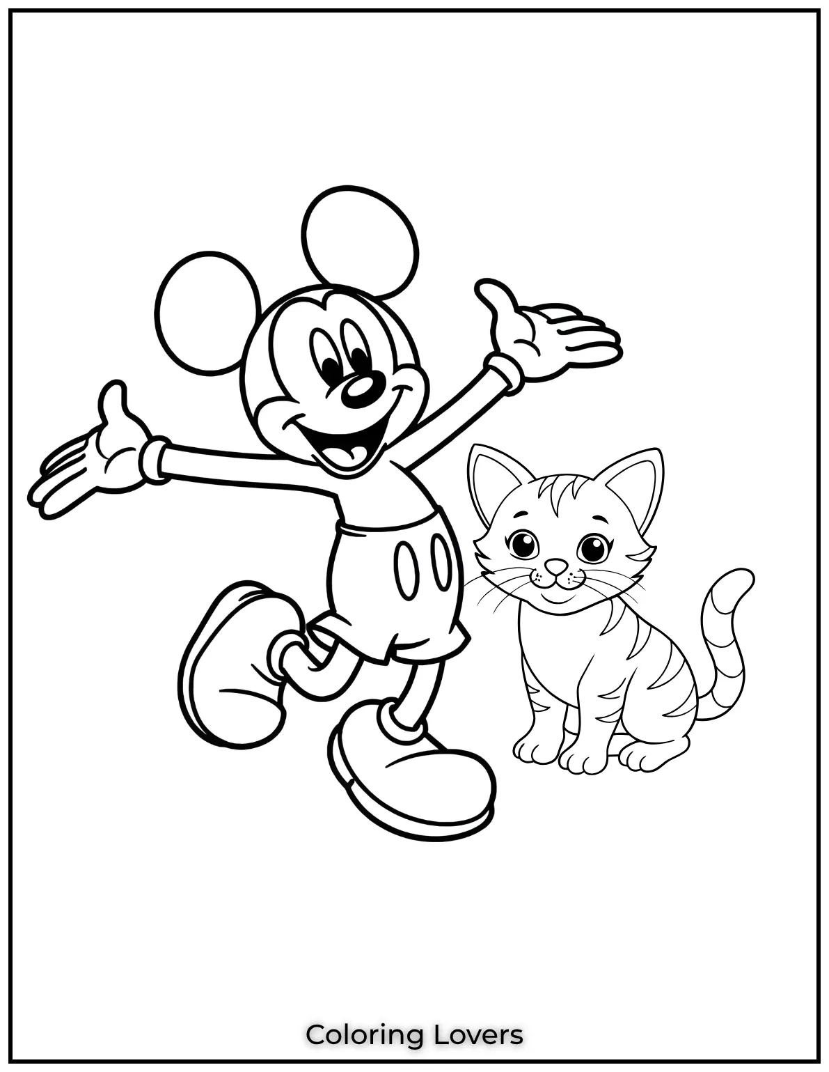 Fun and Free Cat Coloring Pages for Kids and Adults 47 Mickey Mouse and this happy cat are sharing a sweet moment. A purr fect addition to your cat coloring book