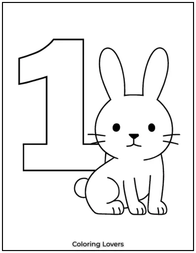 Number 1 coloring page with a cute rabbit
