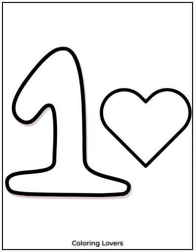 Number 1 coloring page with a heart.
