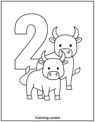 Number 2 coloring page with two bulls.
