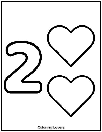 Number 2 coloring page with two hearts.
