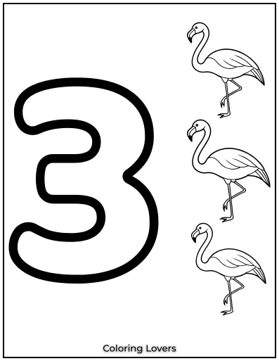 Number 3 coloring page with three flamingos.
