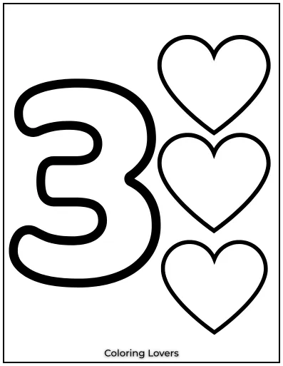 Number 3 coloring page with three hearts.
