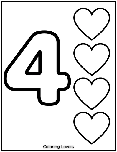 Number 4 coloring page with four hearts.
