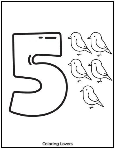 Number 5 coloring page with five birds.
