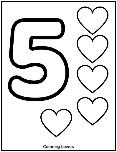 Number 5 coloring page with five hearts.
