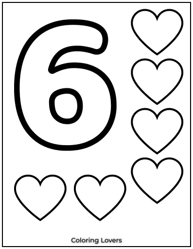 Number 6 coloring page with six hearts.

