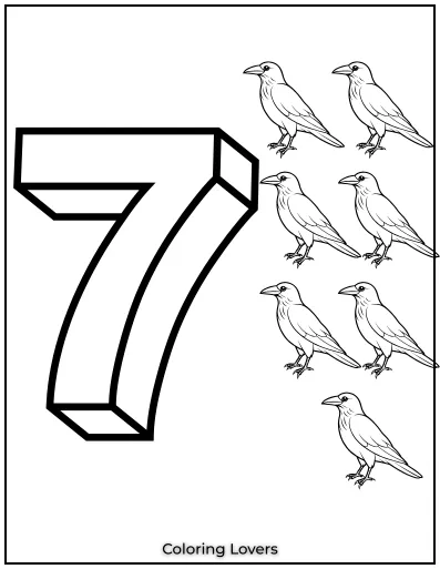 Number 7 coloring page with seven crow.
