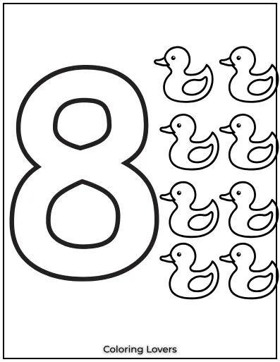 Number 8 coloring page with eight ducks.
