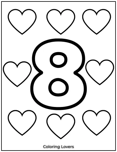 Number 8 coloring page with eight hearts.
