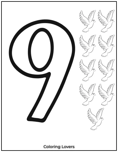 Number 9 coloring page with nine doves.
