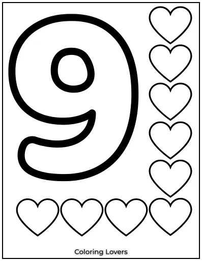 Number 9 coloring page with nine hearts.
