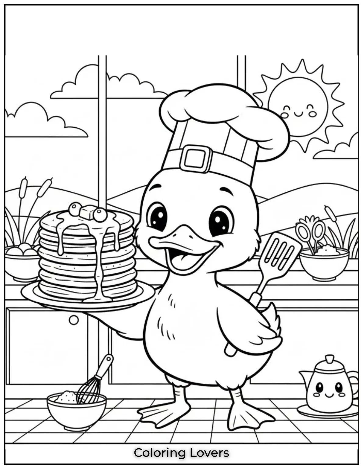 Duck Coloring Pages That Kids Like the Most 24 Our chef duck has a stack of delicious pancakes ready. A tasty scene for kids to color with creativity
