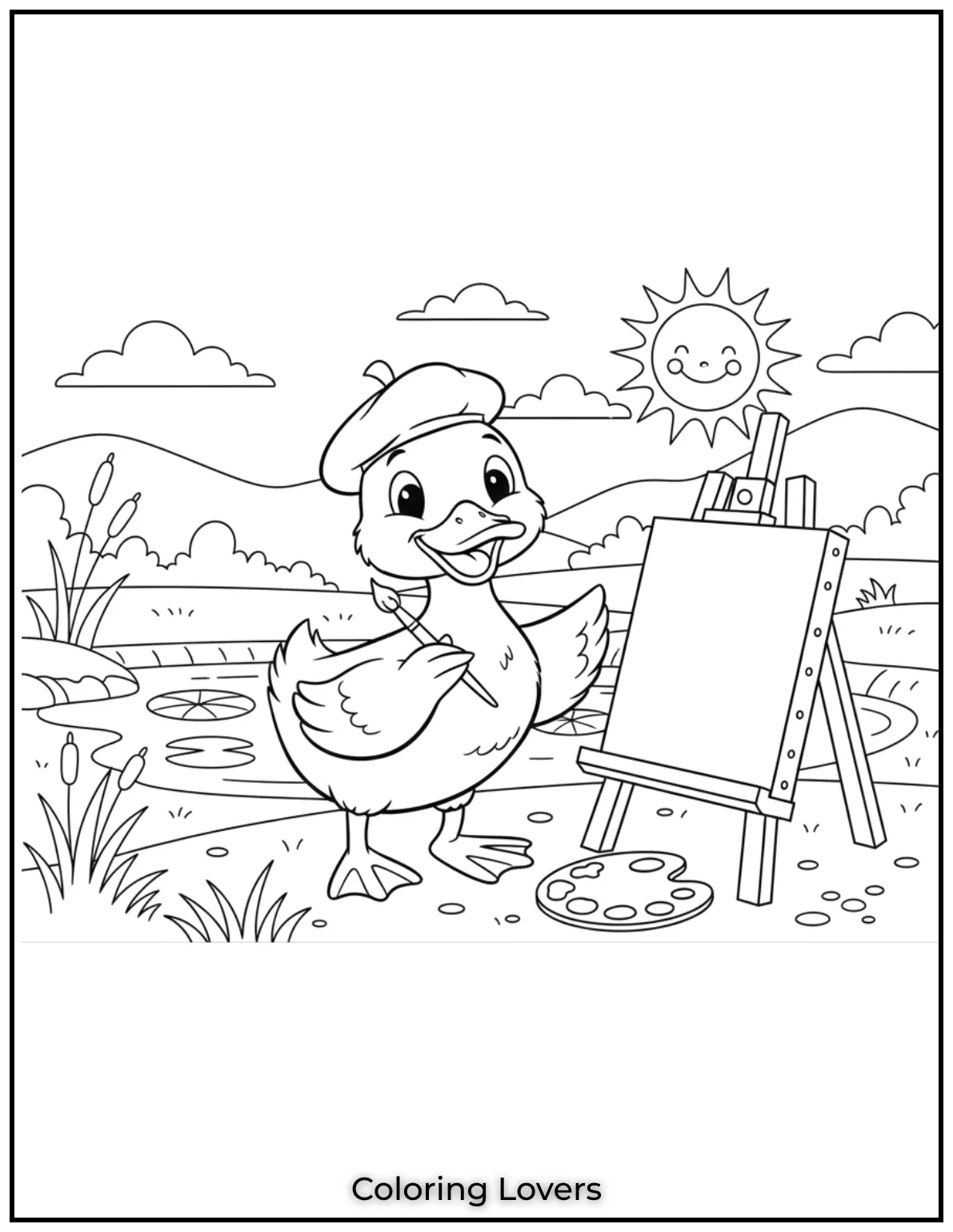 Duck Coloring Pages That Kids Like the Most 18 Our little duck is feeling artsy with a paintbrush and beret. Lets fill this page with vibrant colors and creativity