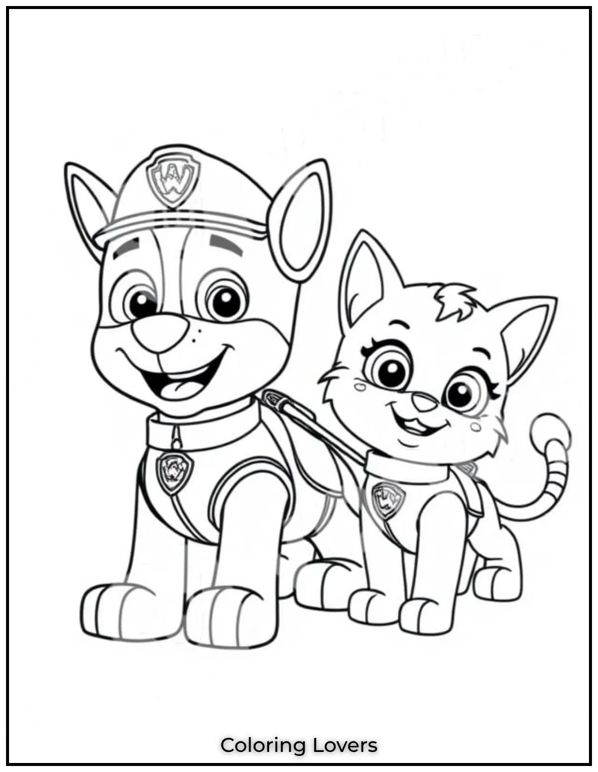 Fun and Free Cat Coloring Pages for Kids and Adults 44 Paw Patrol Chase and his kitty pal are all smiles ready for their next adventure. What colors will you choose for their gear