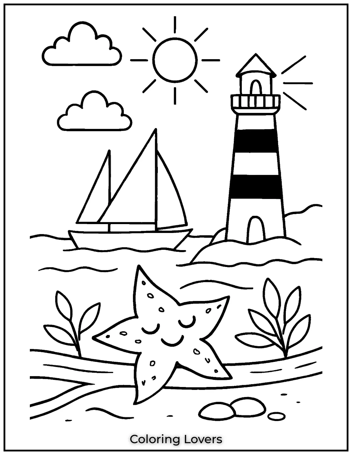 Summer Coloring Pages for Kids and Adults 21 Peaceful waters a sailboat and a shining lighthouse.waters a sailboat and a shining lighthouse