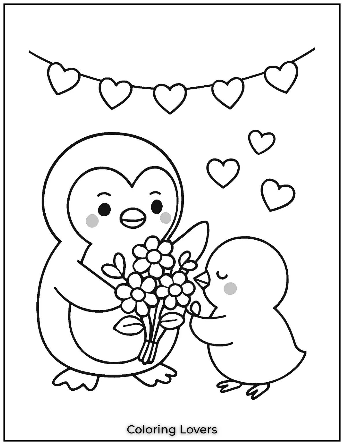 Penguin and chick share a flower bouquet under heart garlands. Soft pastels will amplify this tender moment