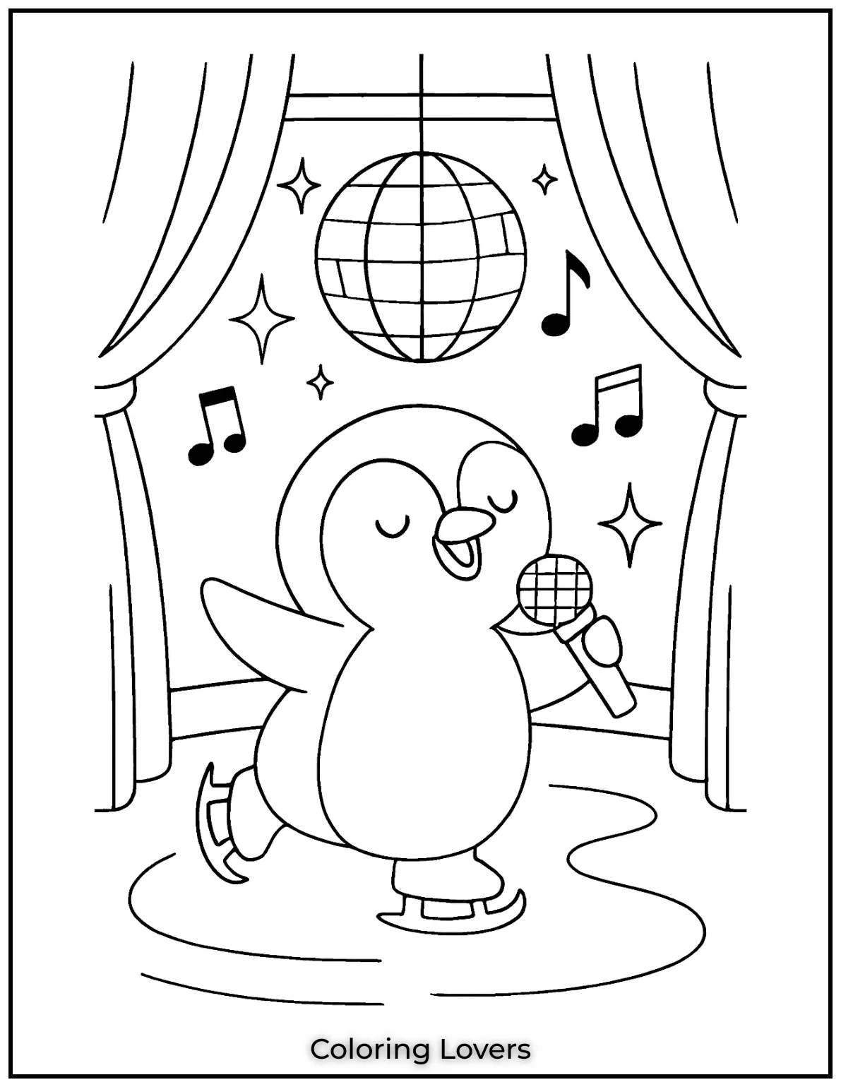 Penguin belts out tunes under a disco ball on stage. Encourage kids to add sparkle to the mic and curtains