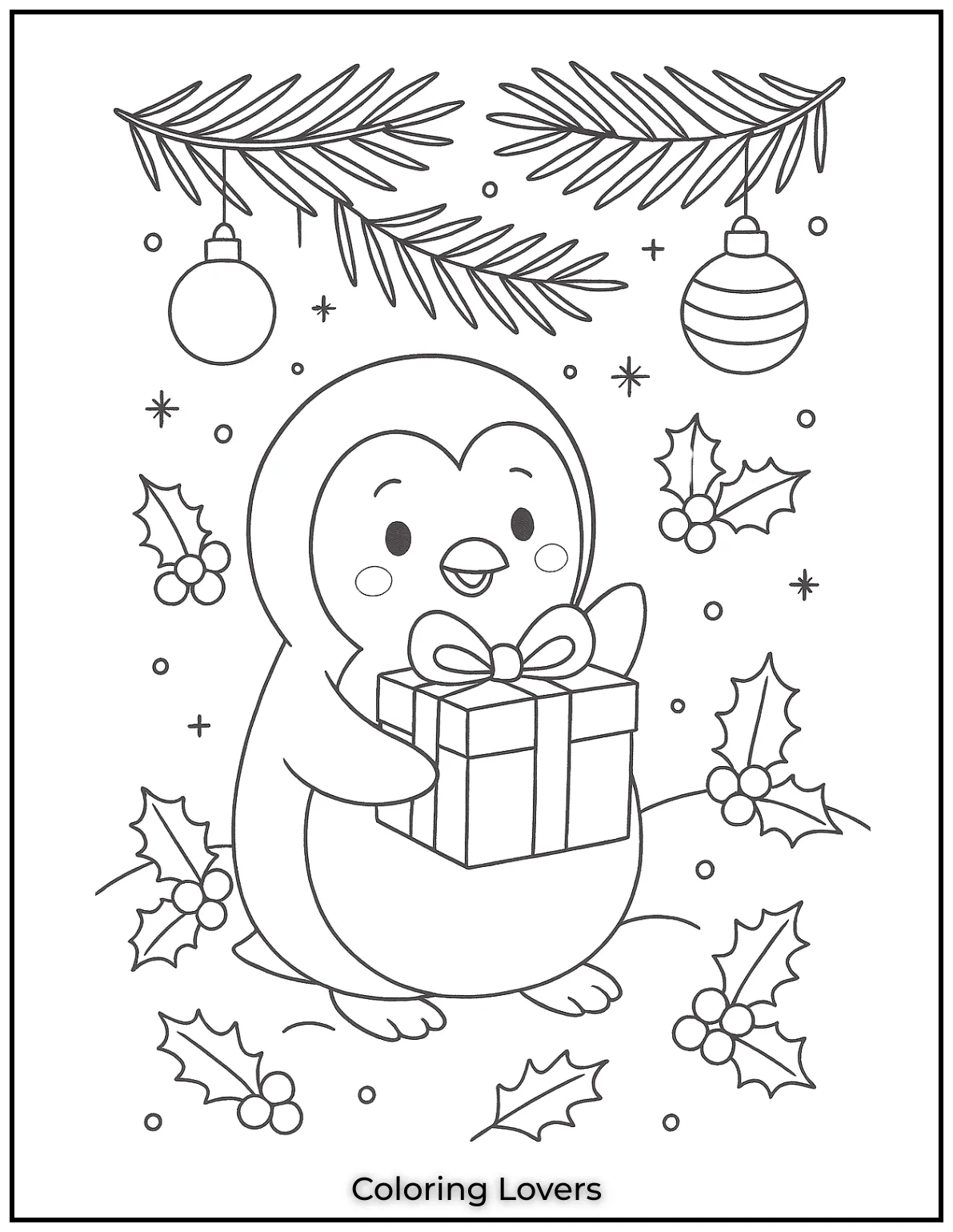 Penguin cradles a wrapped gift beneath pine branches and Christmas baubles. We invite bright hues to make this gift pop with holiday joy