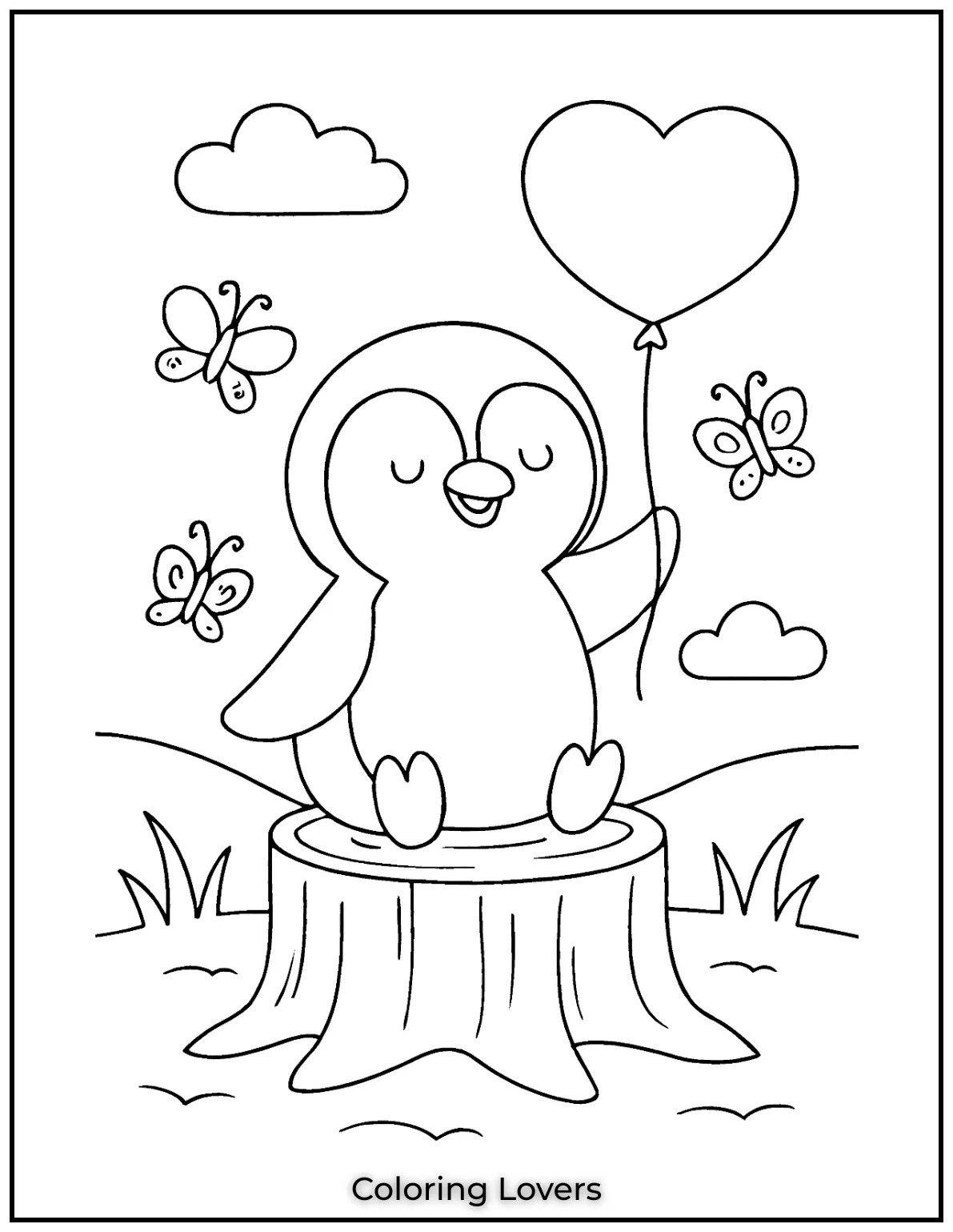 Penguin holds a heart balloon on a stump as butterflies flutter by. This printable penguin coloring pages for kids scene beams hope