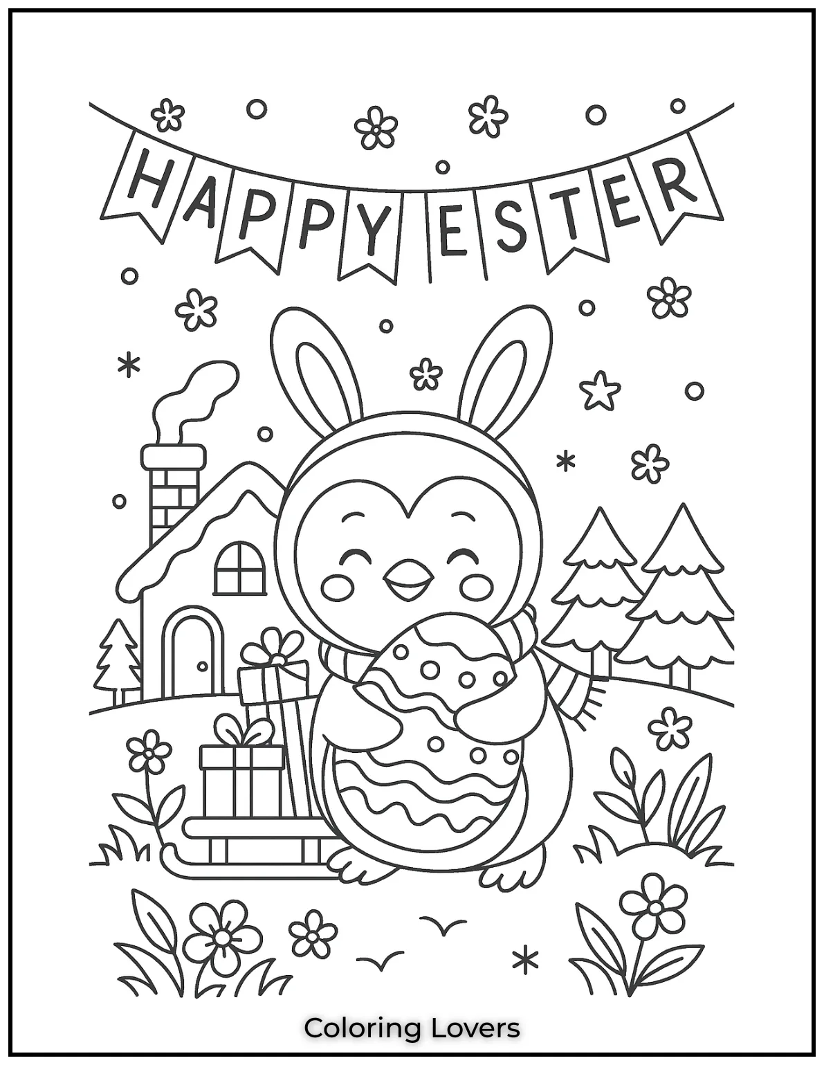 Penguin hugs a Easter egg beneath the Happy Easter banner. Try pastel tones for springtime cheer