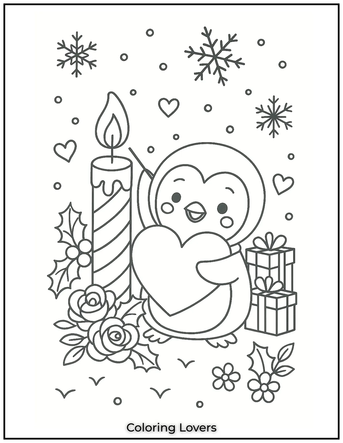 Penguin lights a tall Christmas candle beside gifts and holly. We suggest blending warm oranges and yellows for a cozy glow