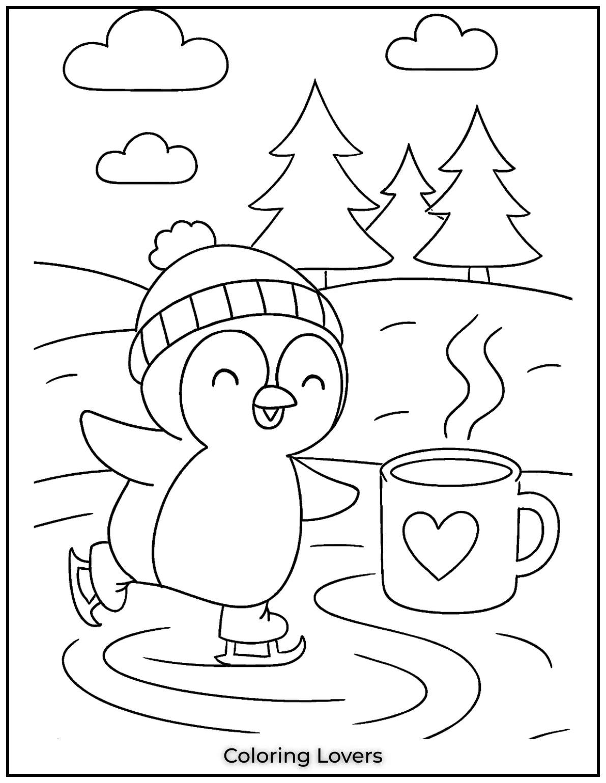 Penguin skates on a frozen pond next to a steaming mug. Young colorists can warm it up with rich cocoa browns and reds