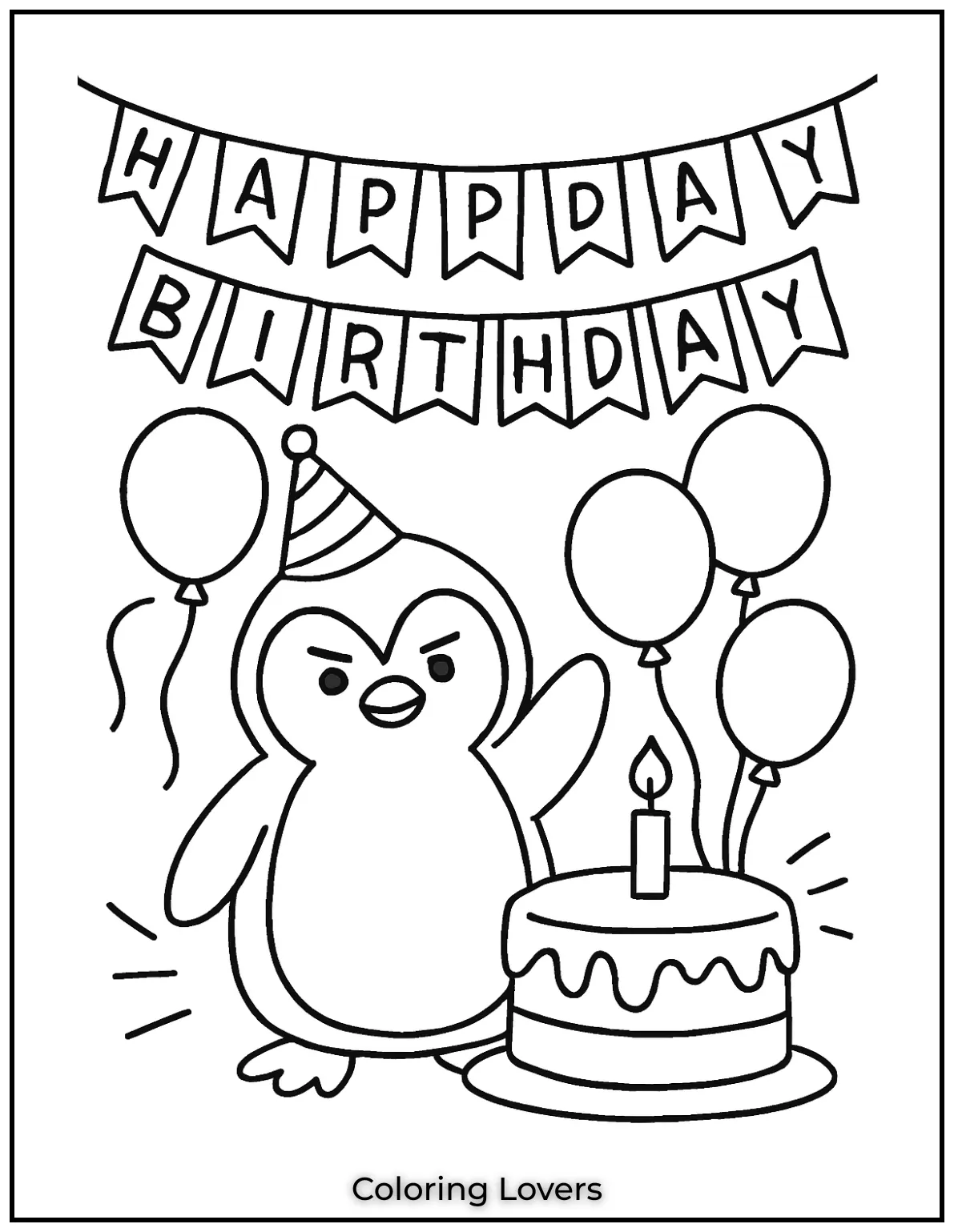 Penguin waves by cake and balloons under the birthday banner. Use bright hues to liven the festive scene